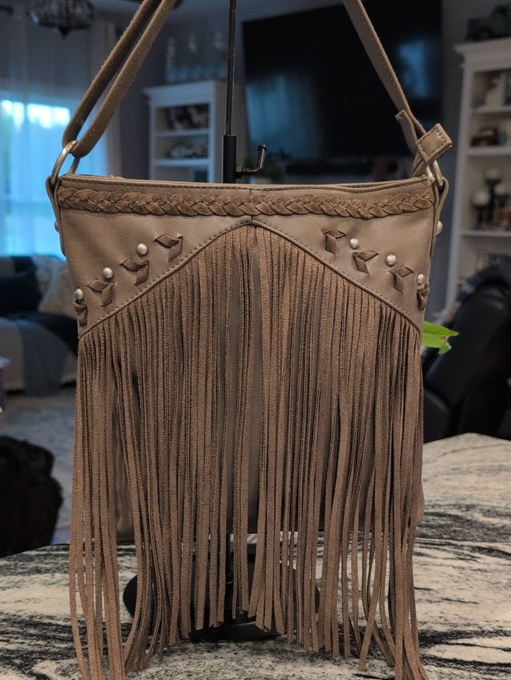 Maurices Taupe Fringed Crossbody Bag with Stud Accents